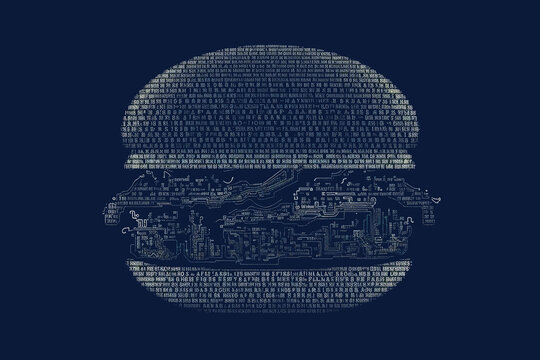 ASCII Art style Illustration of an hamburger over blue background. Generative AI