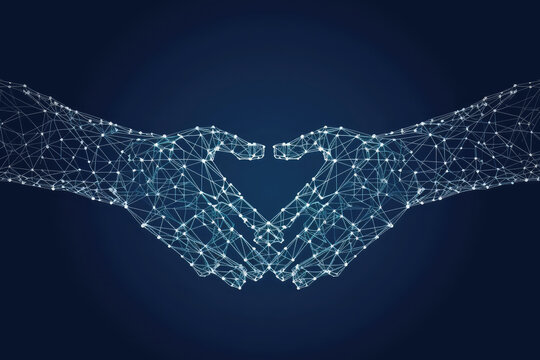 ASCII Art style Illustration of hands making a heart shape over blue background. Generative AI