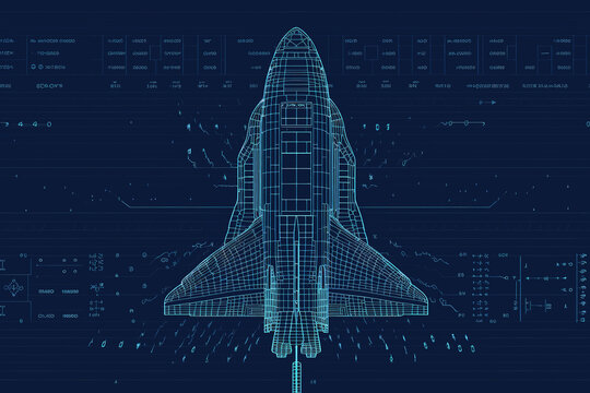 ASCII Art style Illustration of rocket over blue background. Generative AI