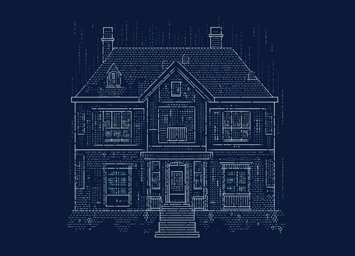 ASCII Art style Illustration of house over blue background. Generative AI