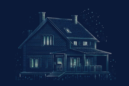 ASCII Art style Illustration of house over blue background. Generative AI