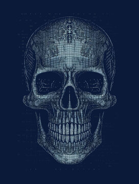 ASCII Art style Illustration of skull over blue background. Generative AI