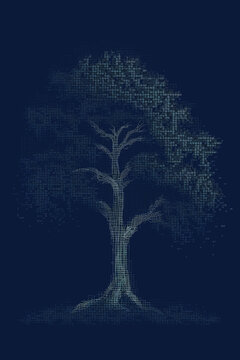 ASCII Art style Illustration of tree over blue background. Generative AI