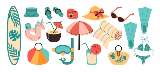 Vector summertime set with zummer accessories fins, surfboard, snorkeling mask, swimwear, slippers, umbrella.