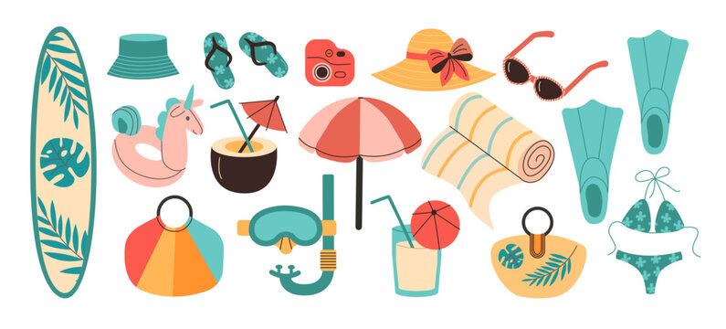 Vector summertime set with zummer accessories fins, surfboard, snorkeling mask, swimwear, slippers, umbrella.
