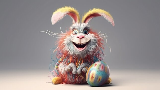 Easter bunny with egg crazy insane scruffy shabby cartoon easter rabbit very detailed colorful illustration