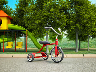 Red vintage kid's tricycle in the playground. 3D illustration