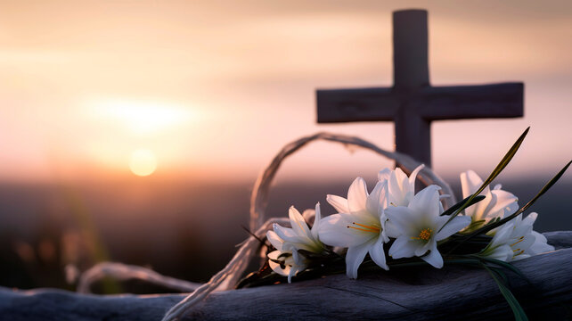Peaceful Easter morning scene, featuring a wooden cross adorned with a crown of thorns and white lilies, set against a soft sunrise sky.