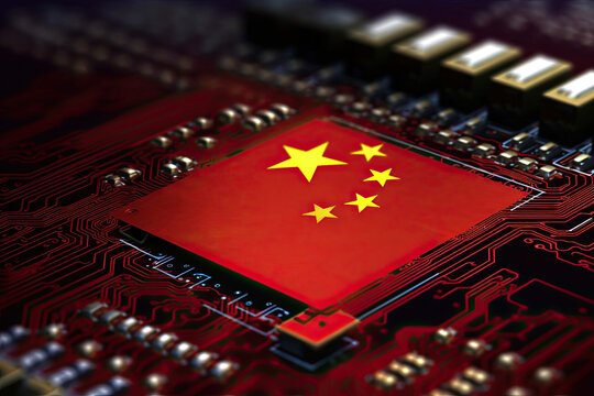 Restricting chipmaking gear exports to China. chipmaking technology in China. US China chip war. Close up of Microchip with China flag. AI generative
