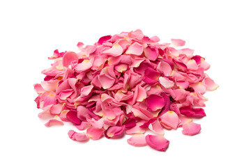 Obraz premium Ground loose pink rose petals isolated on white background. Generative AI. 