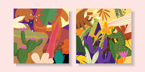 Set of exotic floral colorful flowers and plants abstract hand drawn vector background.