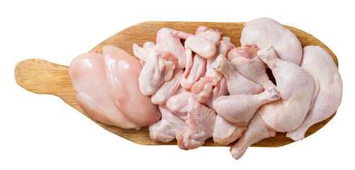 fresh chicken meat on a wooden board isolated on transparent background, top view