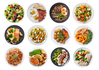 set of plates of food isolated on transparent background, top view - 588388858