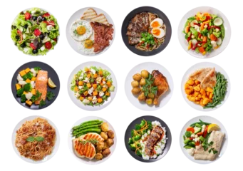 Fotobehang set of plates of food isolated on transparent background, top view © Nitr
