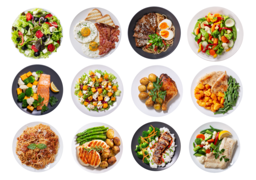 set of plates of food isolated on transparent background, top view