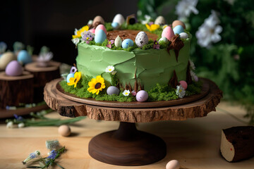 Naklejka na ściany i meble Easter-themed cake decorated with green grass frosting, chocolate eggs, and edible flower decorations, displayed on a wooden cake stand.