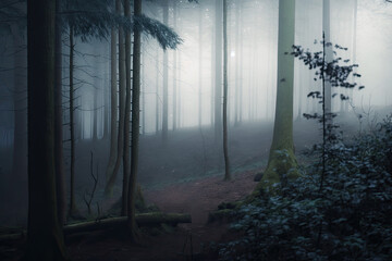 Dark rainforest sun rays through trees with dense fog digital illustration AI generated