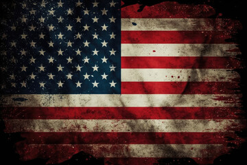 AI generated closeup of grunge vintage dark american flag blowing wind at USA independence day