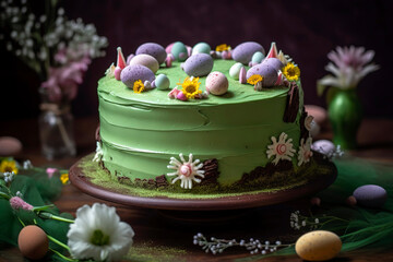 Obraz na płótnie Canvas Easter-themed cake decorated with green grass frosting, chocolate eggs, and edible flower decorations, displayed on a wooden cake stand.