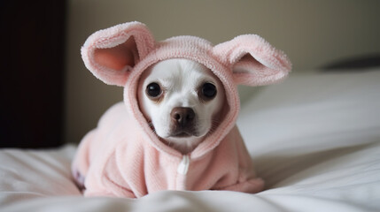 chihuahua puppy in pink plush pajamas, generative ai