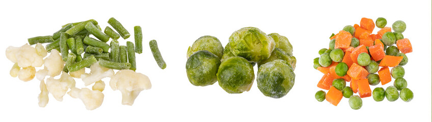 Frozen vegetables isolated on transparent background png. Frozen carrots, peas, asparagus, beans,...