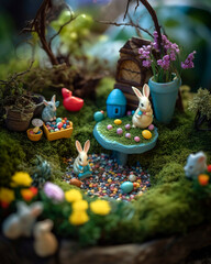 Whimsical Easter fairy garden, complete with miniature bunny figurines, tiny painted eggs, and colorful spring flowers.