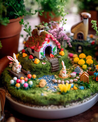 Whimsical Easter fairy garden, complete with miniature bunny figurines, tiny painted eggs, and colorful spring flowers.