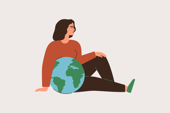 White Woman sits near the Earth and hugging the globe with love. Strong caucasian female care about our Planet and sustainable lifestyle. Ecology movement and environmental activists concept. Vector
