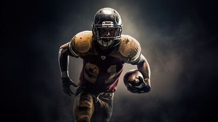 American football player in action on black background with smoke. Generative AI