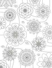 Coloring pages for children and adults.Blooming garden illustration hand drawing.   