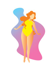 Fototapeta na wymiar Original vector illustration. A red-haired body positive girl, in a yellow swimsuit, on the background of a blue abstract spot. A design element.