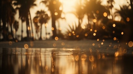 A bokeh background of a peaceful beach with palm trees swaying in the breeze Generative AI