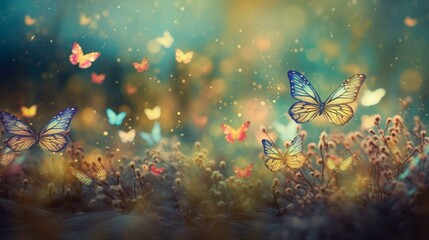 A bokeh background of a whimsical garden with colorful butterflies and dragonflies Generative AI - obrazy, fototapety, plakaty