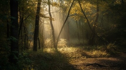 A bokeh background of a calm forest with rays of sunlight shining through the trees Generative AI