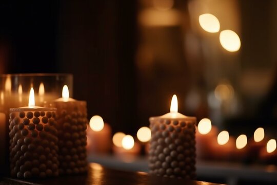 A bokeh background of a cozy fireplace surrounded by flickering candles Generative AI