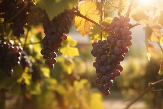 A bokeh background of a romantic vineyard with lush grapes hanging from the vines Generative AI