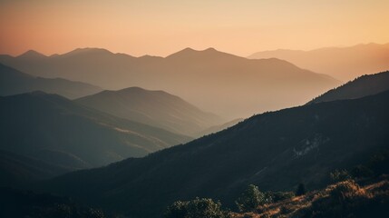 A bokeh background of a serene mountain range at sunset Generative AI