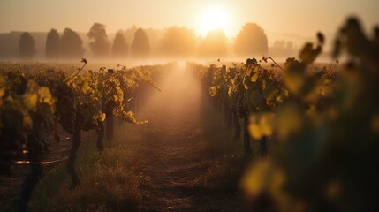 A bokeh background of a misty vineyard at sunrise Generative AI