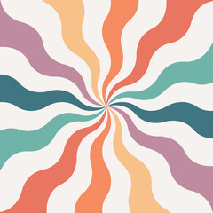 Let the sunshine in retro style illustration with colorful (orange, purple,  brown, pink, blue, turquoise) curvy sun rays on pastel pink background for summer lovers - 588392662