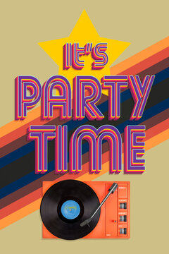 Retro styled eighties illustration with text it's party time and record player