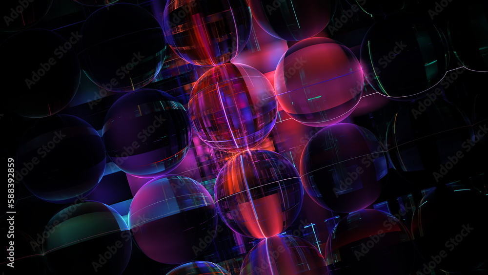 Poster Luminous modern abstract background, fractal world. Digital space for use in design. Round shapes and lines. 3d render
