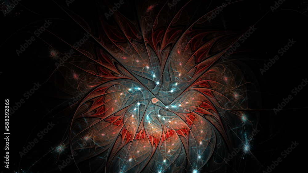 Fototapete Luminous modern abstract background, fractal world. Digital space for use in design. Round shapes and lines. 3d render