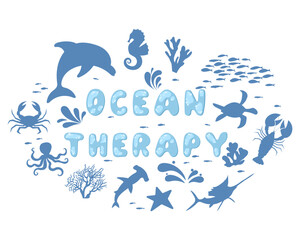 Ocean therapy. An inspiring quote. Modern typographic lettering for printing and poster. Text in the form of bubbles