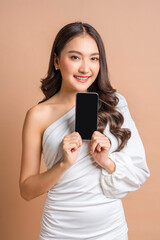 carefree business smart attractive asian woman in well dress hand showing present blank smartphone  to camera portrait shot,cheerful asia female holding smartphone laugh smile friendly warm welcome