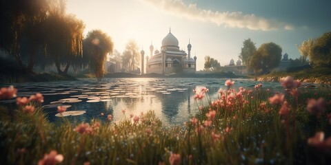 Obraz premium mosque full object perspective photo generate AI, for ramadhan kareem, eid al fitr, eid adha, islamic event