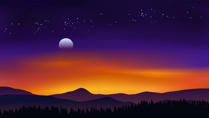 Mountain night or sunset illustration. Vibrant colorful sky over mountain range with moonrise and stars