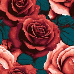 Seamless realistic red roses pattern vector style illustration created with Generative AI technology