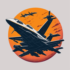 Fighter aircraft, round emblem, badge, label, logo or t-shirt print