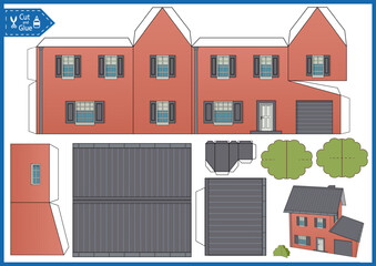Craft game cut and glue paper 3d house. Activity education printable page. Kids papercraft template. DIY model toys building for birthday d&eacute;cor.