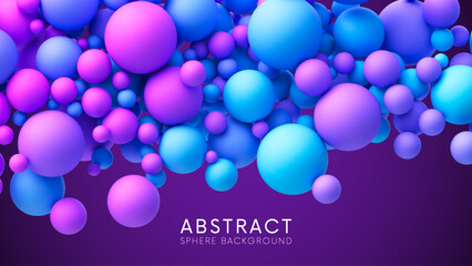 Abstract composition with dreamy blue pink purple vibrant neon gradient random flying spheres. Colorful neon matte soft balls in different sizes. Vector background